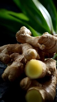 Freshly cut ginger roots close-up on dark surface with green leaves. Aromatic and healthy spice with beneficial properties in food and drinks preparation.