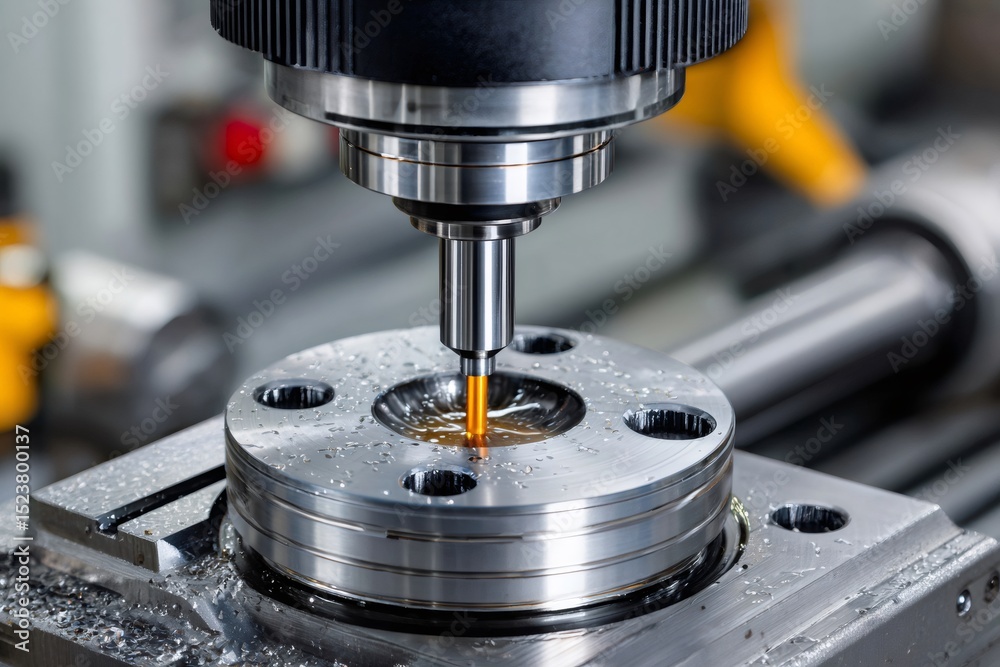 Poster cnc milling machine creating a metal detail with coolant and lubrication