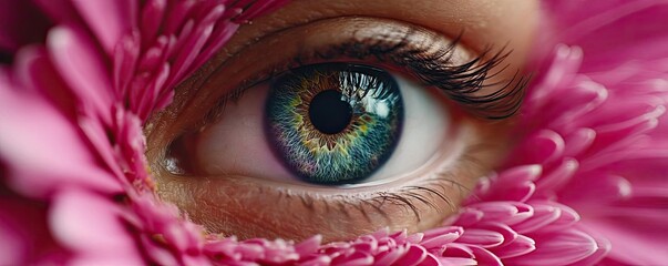 Mental wellness care on diagnosis, therapy and balance concept. Close-up view of an eye with vibrant colors surrounded by flowers.