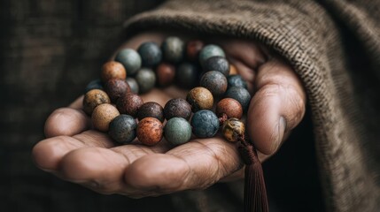 Anxiety disorder through stress healing and support concept. A hand holding colorful prayer beads in a serene setting.