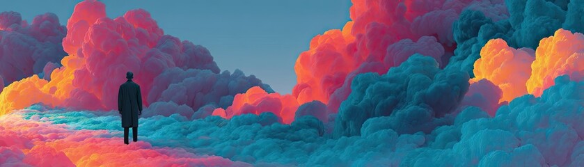 Anxiety disorder through stress healing and support concept. A solitary figure stands amidst vibrant, colorful clouds.