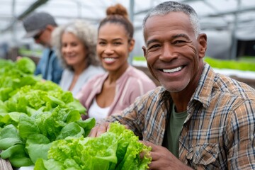 Farmers harvesting fresh lettuce in greenhouse, teamwork and sustainability in agriculture