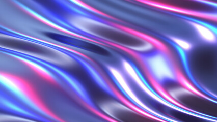 Liquid purple blue chrome waves background, shiny and lustrous metal pattern texture, silky 3D illustration.