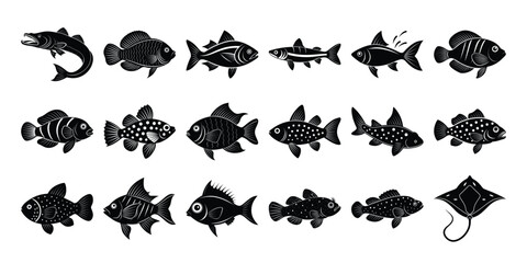 Collection of Diverse Fish Species Silhouettes of Aquatic Life