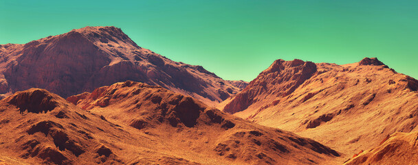 Planet mars illustration, orange red eroded mars surface, science fiction 3D illustration background.