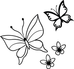 Butterfly line art flying around flowers line art