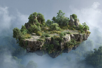 Floating Island Covered in Lush Greenery and Rocks in the Sky