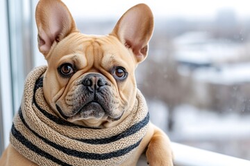 Fototapeta premium French bulldog puppy wearing winter scarf looking out window