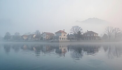 Fototapeta premium Foggy Morning at the Lakefront Houses in Serene Atmosphere