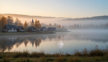 Naklejka premium Foggy lakeside village at sunrise in autumn reflecting in water