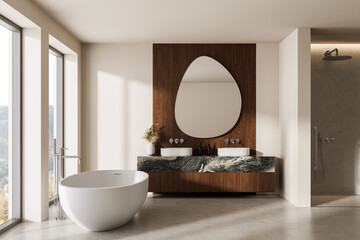 Modern minimalist bathroom interior with freestanding tub, wood panel wall, and stone vanity under natural daylight in neutral tones. 3D Rendering
