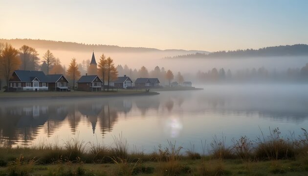 Foggy lakeside village at sunrise in autumn reflecting in water
