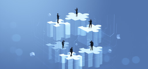 Business team connecting on puzzle platforms in abstract digital