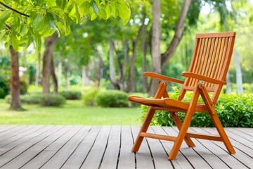 Wooden deck chair inviting relaxation in lush green park