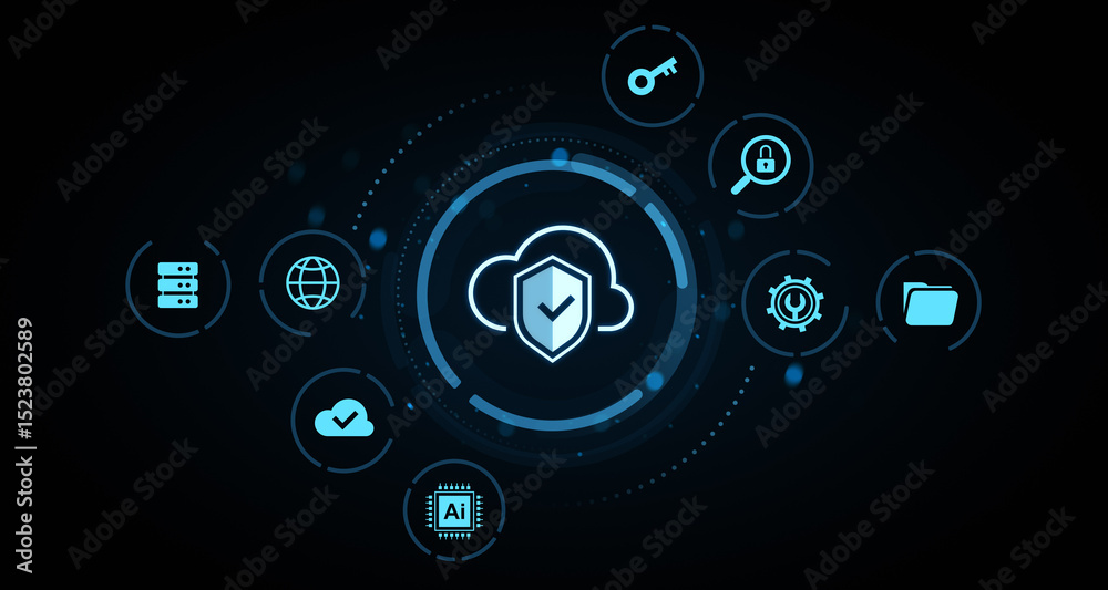 Poster cloud security technology icons representing secure data, ai, and networking concept on a dark digit