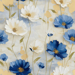 Blue and white, vintage seamless floral background, pattern with oil painting style effect