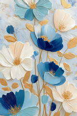 Blue and white vintage floral background, oil painting style effect