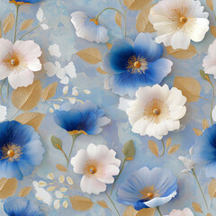 Blue and white flowers, seamless floral background, pattern with oil painting style effect