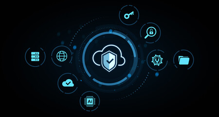 Cloud security technology icons representing secure data, AI, and networking concept on a dark digital background with futuristic interface elements. 3D Rendering