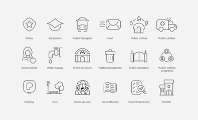 Social and Government Services – 18 Flat Editable Vector Icons for Community and Daily Life. Linear icon collection.	