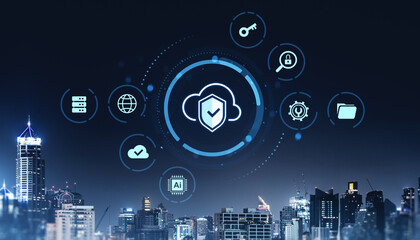 Cybersecurity cloud system interface over modern city skyline at night concept.