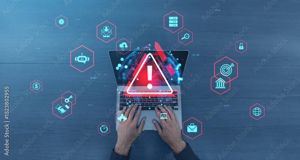 Poster cybersecurity alert warning on laptop screen with user typing on keyboard interface.