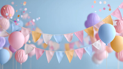 Festive decoration with flags, party streamers and confetti, blue  background