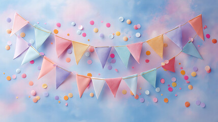 Festive decoration with flags, party streamers and confetti