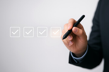 Business Professional Selecting Survey Option in Clean White Background Touchscreen UI