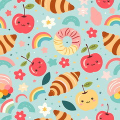 Cute Seamless Pattern with Kawaii Fruits, Pastries, Rainbows, and Stars on a Light Blue Background for Kids' Products and Decor