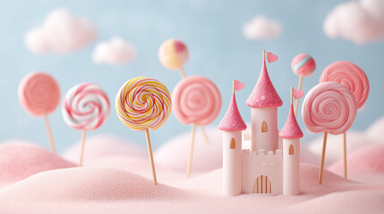 pink and white lollipop, candy castle on a sweet sugar landscape