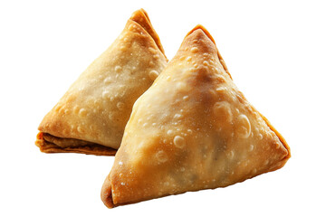 Golden brown crispy samosas isolated on white transparent background, traditional Indian snack concept with fried texture