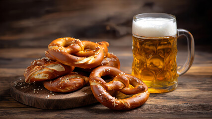 Delicious pretzels and beer on a rustic wooden table