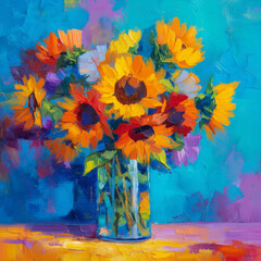 bouquet of flowers in vase,  wall art oil painting style
