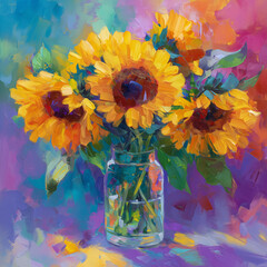 bouquet of sunflowers in vase, wall art oil painting style
