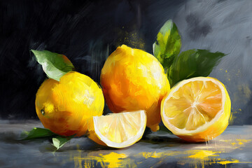 lemons on a wooden table, wall art oil painting style