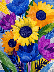 Wall art with sunflowers in vase, vibrant colorful painting style illustration