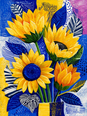 Wall art with sunflowers in vase, colorful painting style illustration