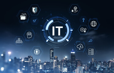 IT technology network icons over cityscape at night with digital interface concept.