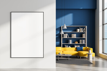 Blank poster mockup in stylish interior with yellow sofa, bookshelf, and blue accent wall in daylight modern living room space concept. 3D Rendering