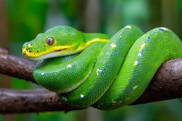 Obraz premium Green tree python resting on a branch in the jungle