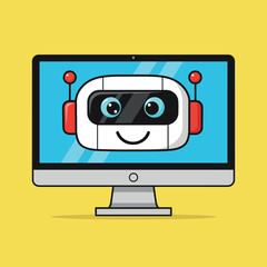 Cute Cartoon Robot Head on Computer Screen