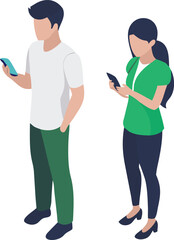 Isometric Illustration of a Man and Woman Using Smartphones Modern Technology and Communication Concept