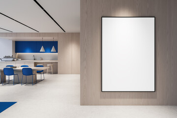 Blank poster mockup on wooden wall in modern interior with blue accents and clean kitchen space, bright lighting and minimalist design concept. 3D Rendering