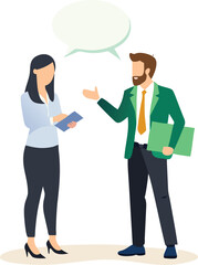 Fototapeta premium Business Meeting Illustration with Speech Bubble Featuring a Man and Woman Discussing Work Projects