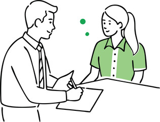 Line Art Illustration of a Meeting with a Man Taking Notes and a Woman