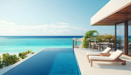 Fototapeta premium Sea view. Luxury modern hotel on white beach with swimming pool. Sun lounger on terrace for holiday home or hotel