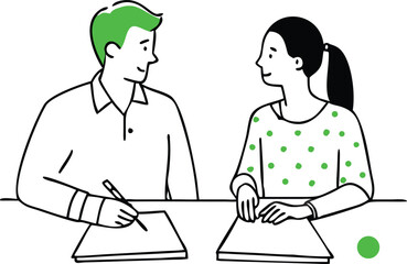 Two People Discussing Documents with Green Accents in a Clean Line Art Style