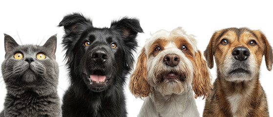 Group of domestic pets including cats and dogs looking up together, isolated on a Transparent background, PNG file.