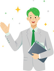 Friendly Businessman with Green Hair Presenting Information with a Smile and Positive Energy Around Him